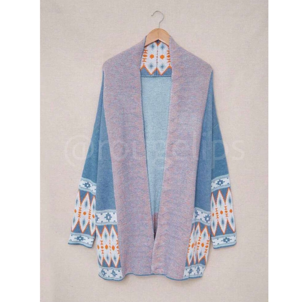 Blue Cardigan Aztec Western Bohemian Print Knit Long Sleeve - Picture 7 of 16